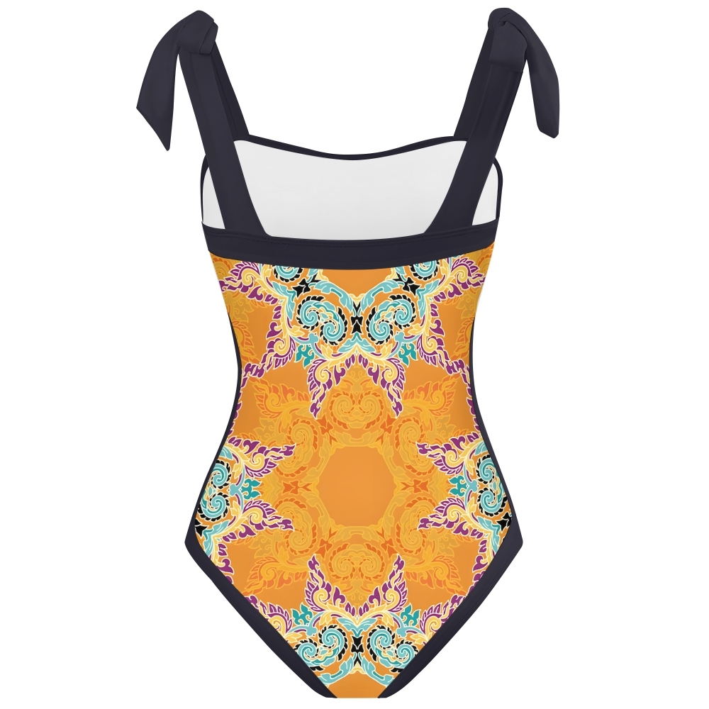 Colorful Pattern One Piece Swimsuit for Women Square Neck Bow Shoulder Design