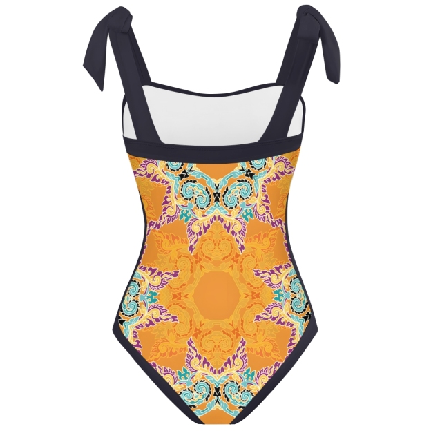 Colorful Pattern One Piece Swimsuit for Women Square Neck Bow Shoulder Design
