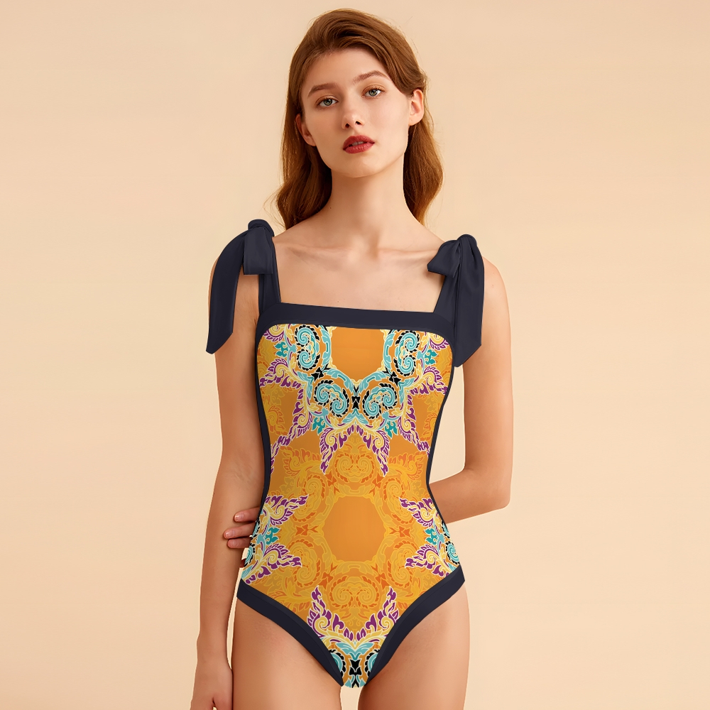 Colorful Pattern One Piece Swimsuit for Women Square Neck Bow Shoulder Design