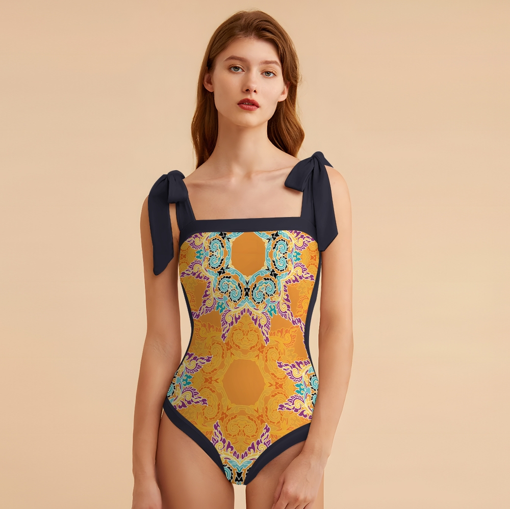 Colorful Pattern One Piece Swimsuit for Women Square Neck Bow Shoulder Design