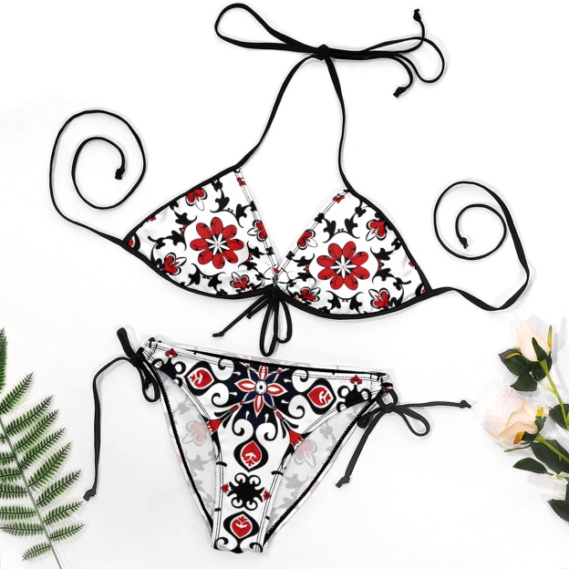 Women's Ornamental Print Halter Bikini Set with Keyhole Tie Front