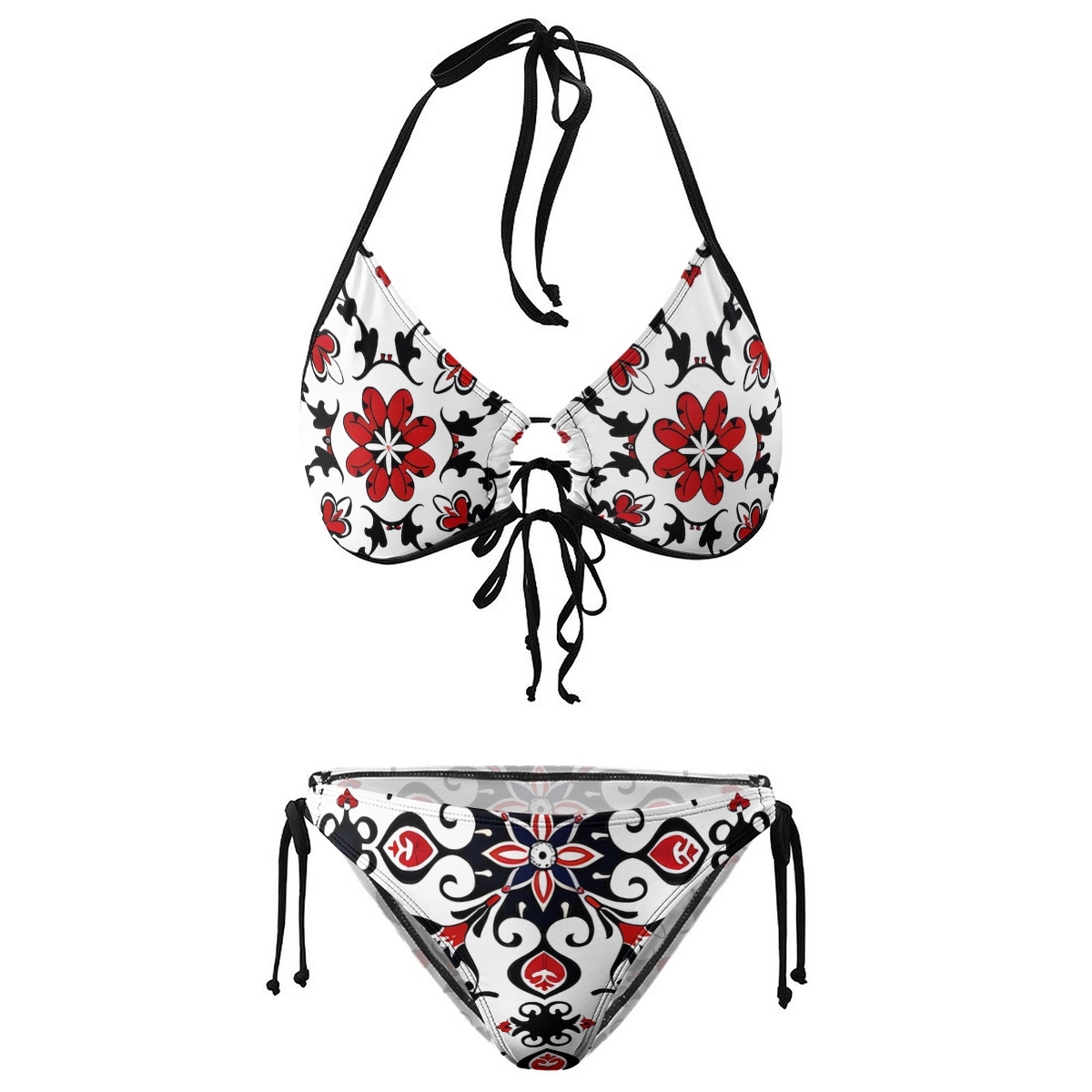 Women's Ornamental Print Halter Bikini Set with Keyhole Tie Front
