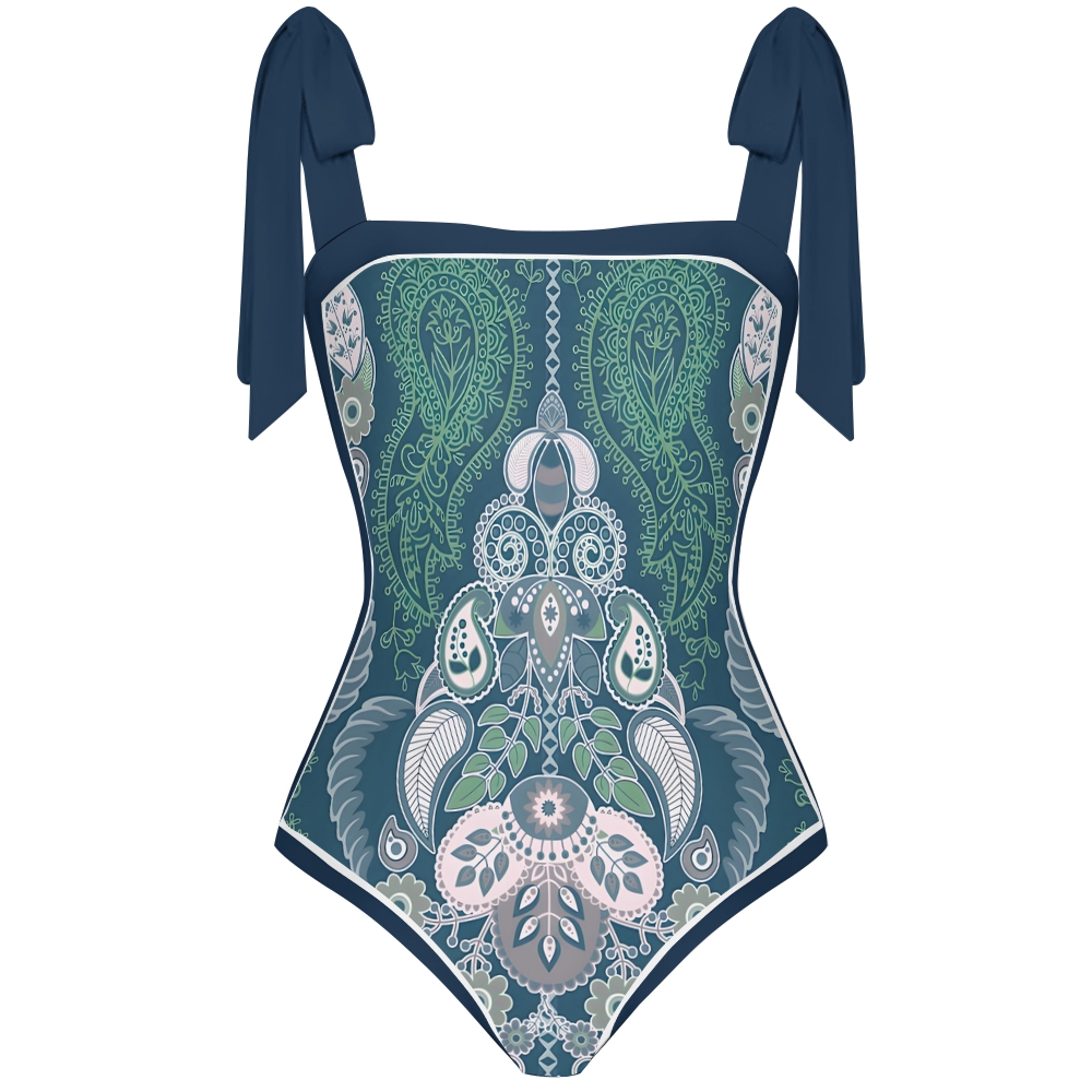 Paisley Vintage Women Inspired Swimsuit Deep Red Base with Lavender and Blue Accents