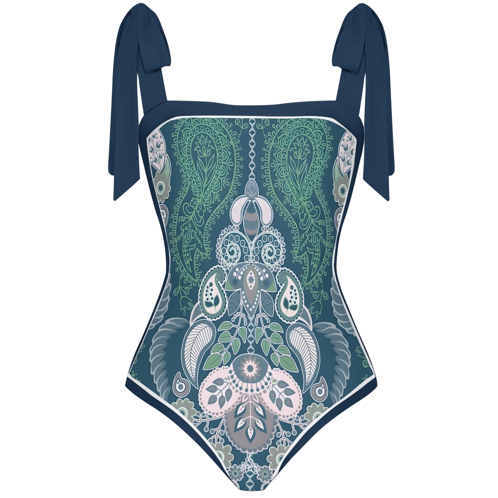 Paisley Vintage Women Inspired Swimsuit Deep Red Base with Lavender and Blue Accents