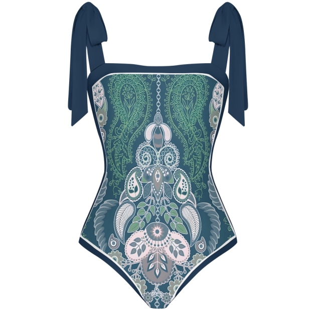 Paisley Vintage Women Inspired Swimsuit Deep Red Base with Lavender and Blue Accents
