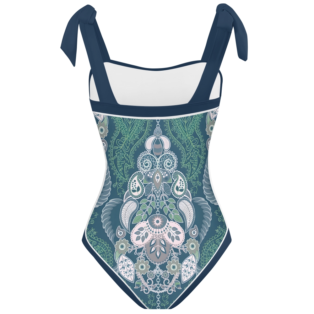 Paisley Vintage Women Inspired Swimsuit Deep Red Base with Lavender and Blue Accents