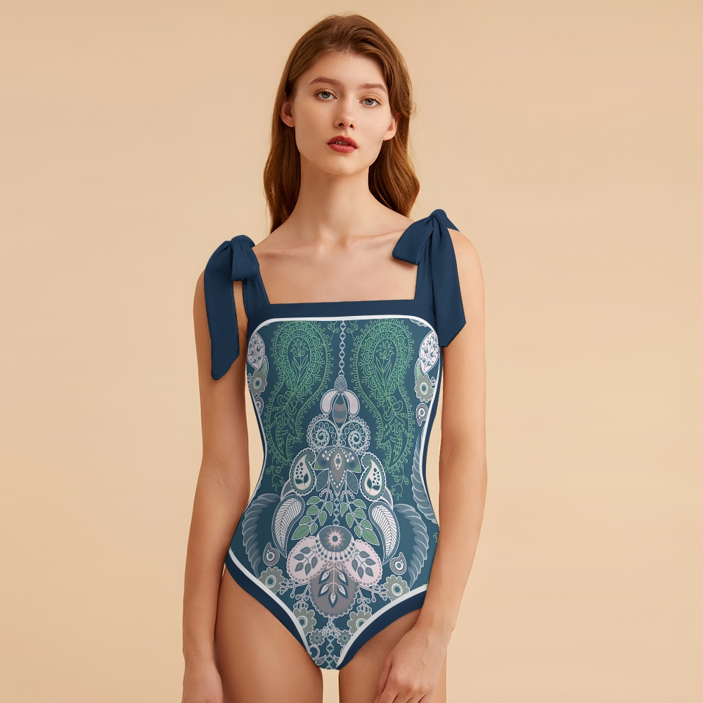 Paisley Vintage Women Inspired Swimsuit Deep Red Base with Lavender and Blue Accents