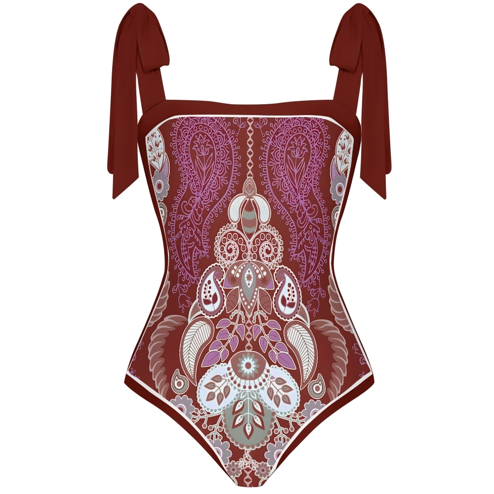 Paisley Vintage Women Inspired Swimsuit Deep Red Base with Lavender and Blue Accents