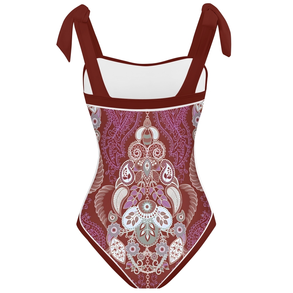 Paisley Vintage Women Inspired Swimsuit Deep Red Base with Lavender and Blue Accents