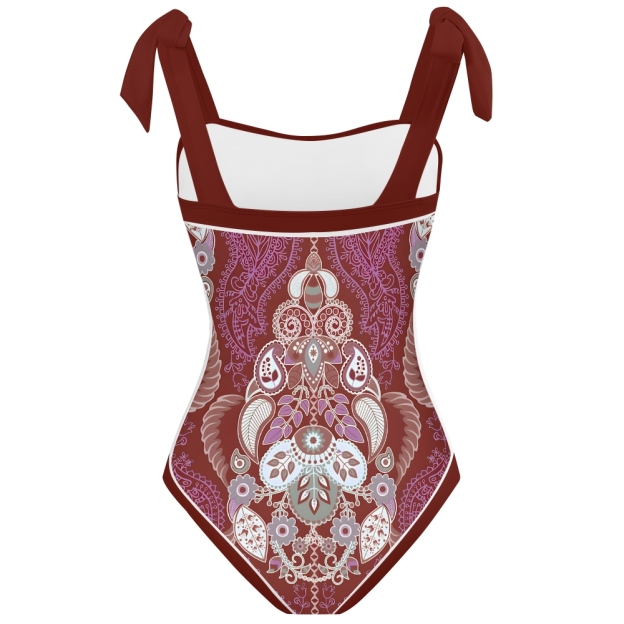 Paisley Vintage Women Inspired Swimsuit Deep Red Base with Lavender and Blue Accents