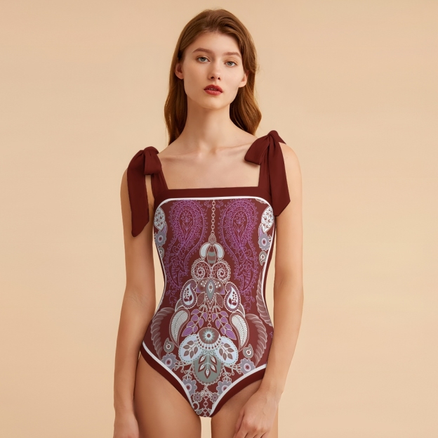 Paisley Vintage Women Inspired Swimsuit Deep Red Base with Lavender and Blue Accents