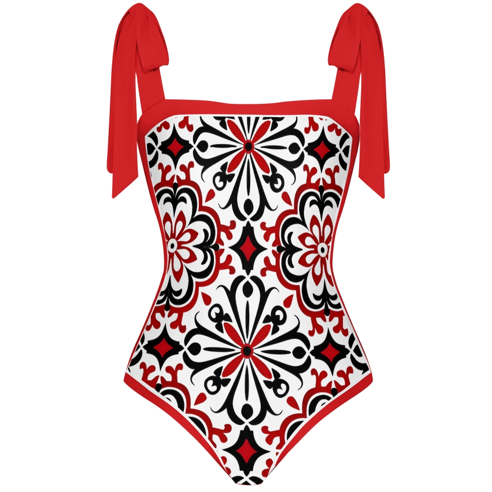 Women's Symmetrical Pattern Print One Piece Swimsuit with Red Bow Tie Straps