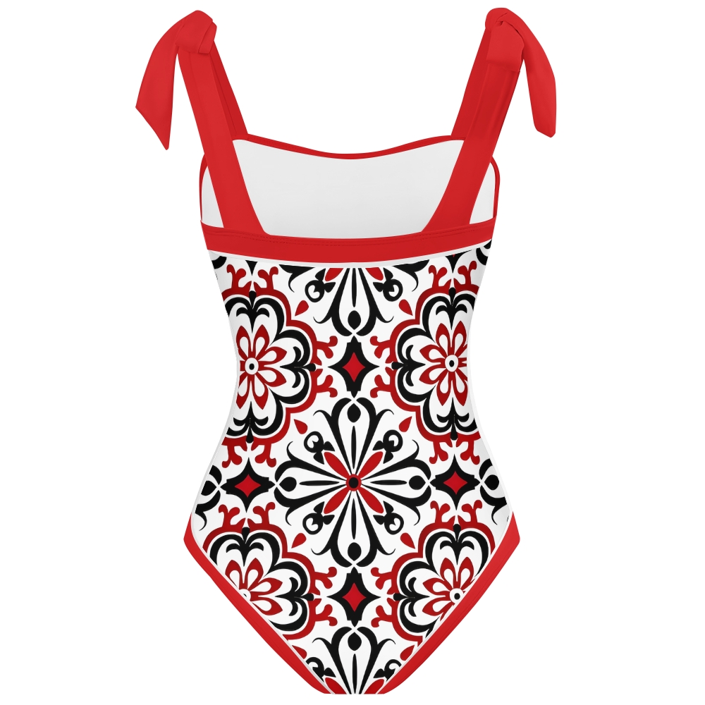 Women's Symmetrical Pattern Print One Piece Swimsuit with Red Bow Tie Straps