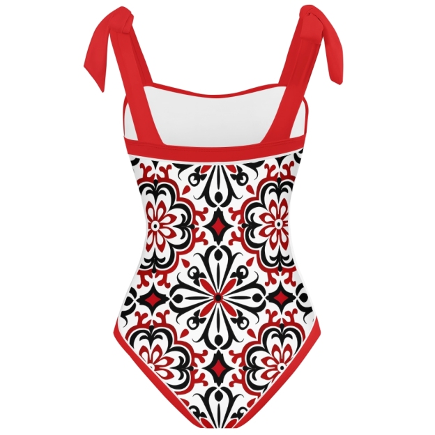 Women's Symmetrical Pattern Print One Piece Swimsuit with Red Bow Tie Straps