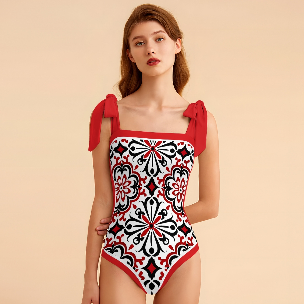 Women's Symmetrical Pattern Print One Piece Swimsuit with Red Bow Tie Straps