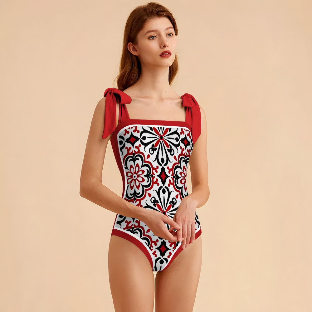 Women's Symmetrical Pattern Print One Piece Swimsuit with Red Bow Tie Straps