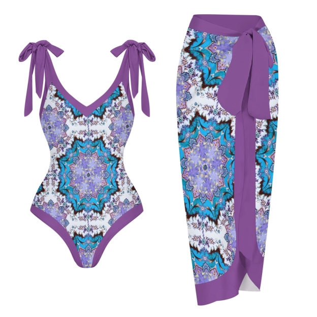 Women's Boho Printed Swimsuits Set with Purple Trim and Waist Tie Skirt