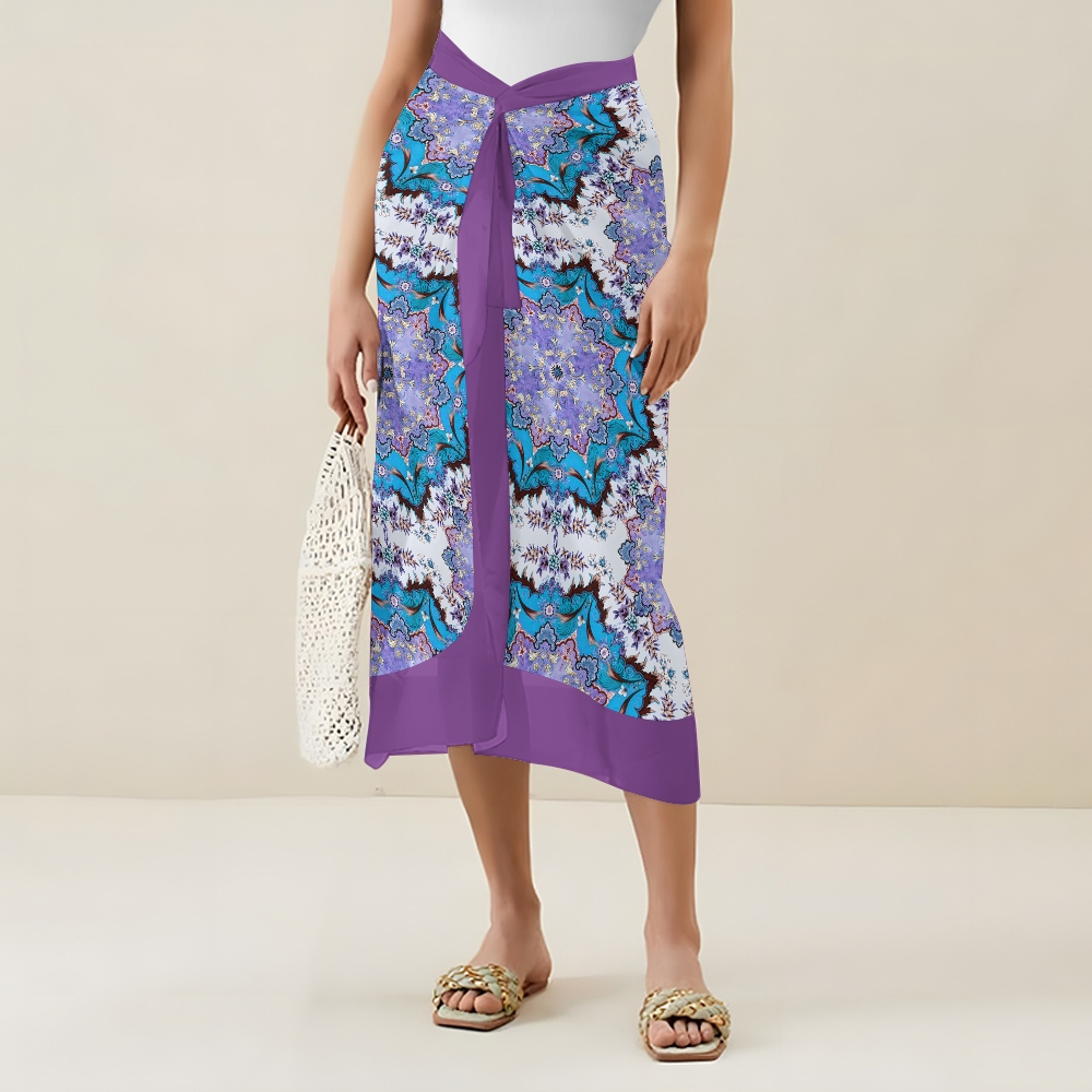 Women's Boho Printed Swimsuits Set with Purple Trim and Waist Tie Skirt