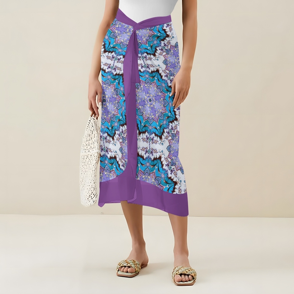 Women's Boho Printed Swimsuits Set with Purple Trim and Waist Tie Skirt