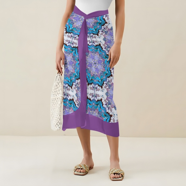 Women's Boho Printed Swimsuits Set with Purple Trim and Waist Tie Skirt