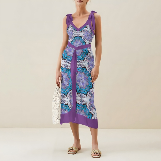 Women's Boho Printed Swimsuits Set with Purple Trim and Waist Tie Skirt