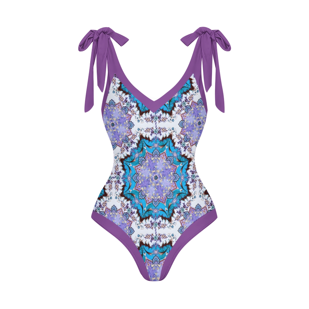 Women's Boho Printed Swimsuits Set with Purple Trim and Waist Tie Skirt
