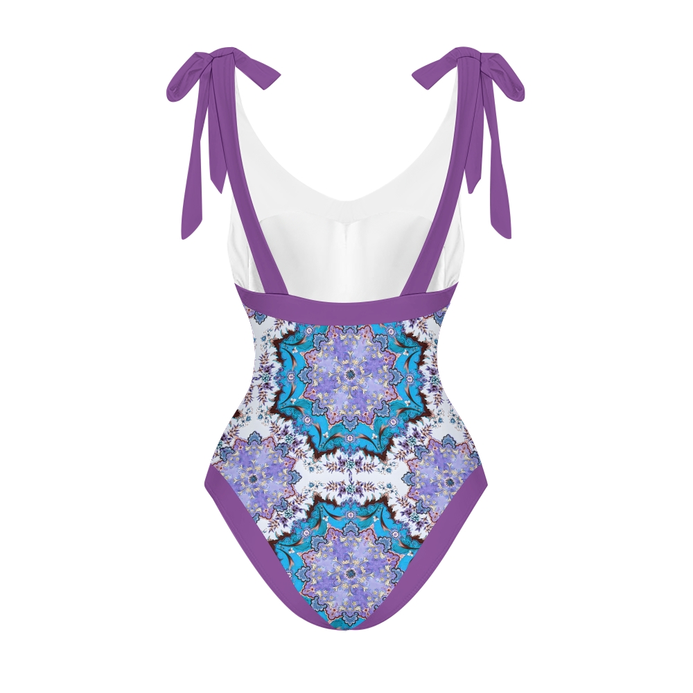 Women's Boho Printed Swimsuits Set with Purple Trim and Waist Tie Skirt