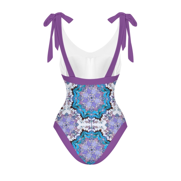 Women's Boho Printed Swimsuits Set with Purple Trim and Waist Tie Skirt
