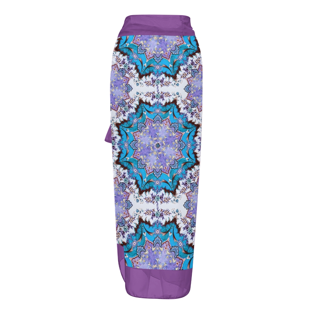 Women's Boho Printed Swimsuits Set with Purple Trim and Waist Tie Skirt