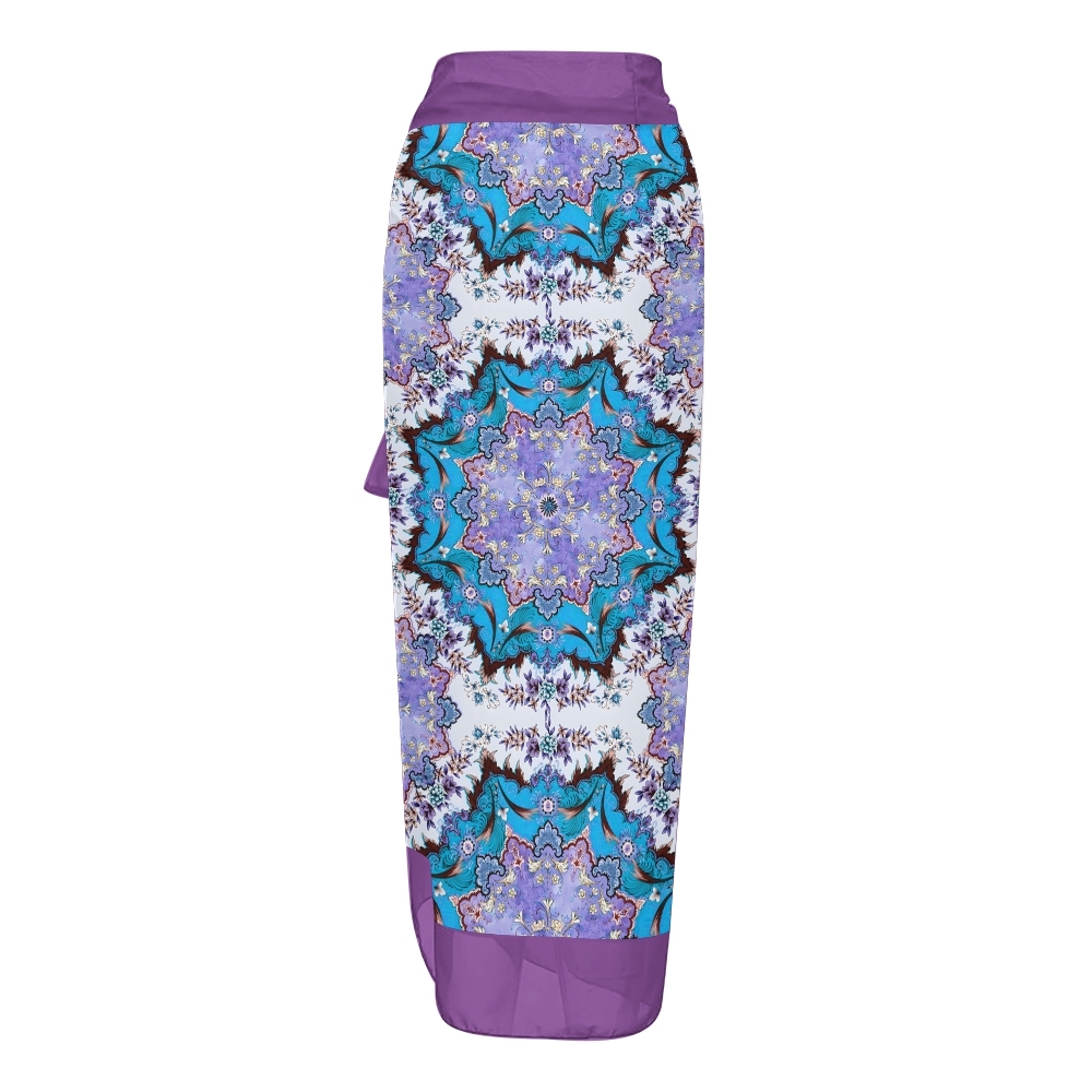 Women's Boho Printed Swimsuits Set with Purple Trim and Waist Tie Skirt