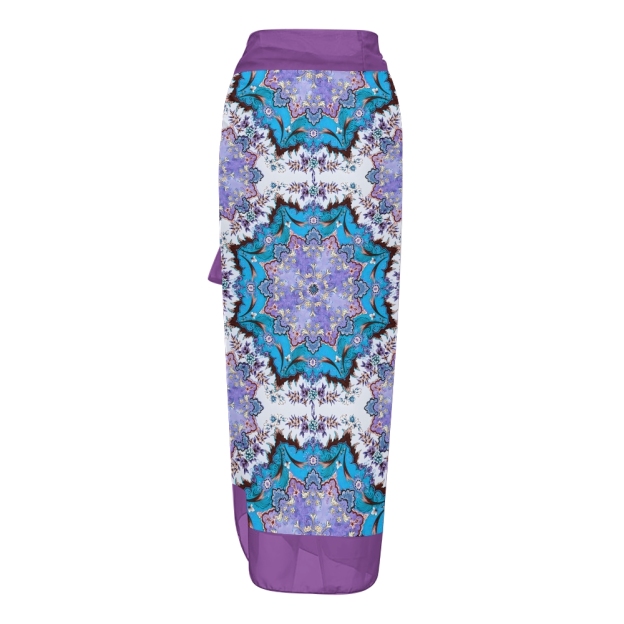 Women's Boho Printed Swimsuits Set with Purple Trim and Waist Tie Skirt