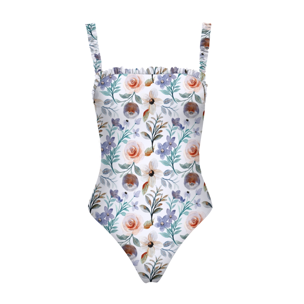 Women's Floral One Piece Swimsuit with Ruffle Shoulder Straps