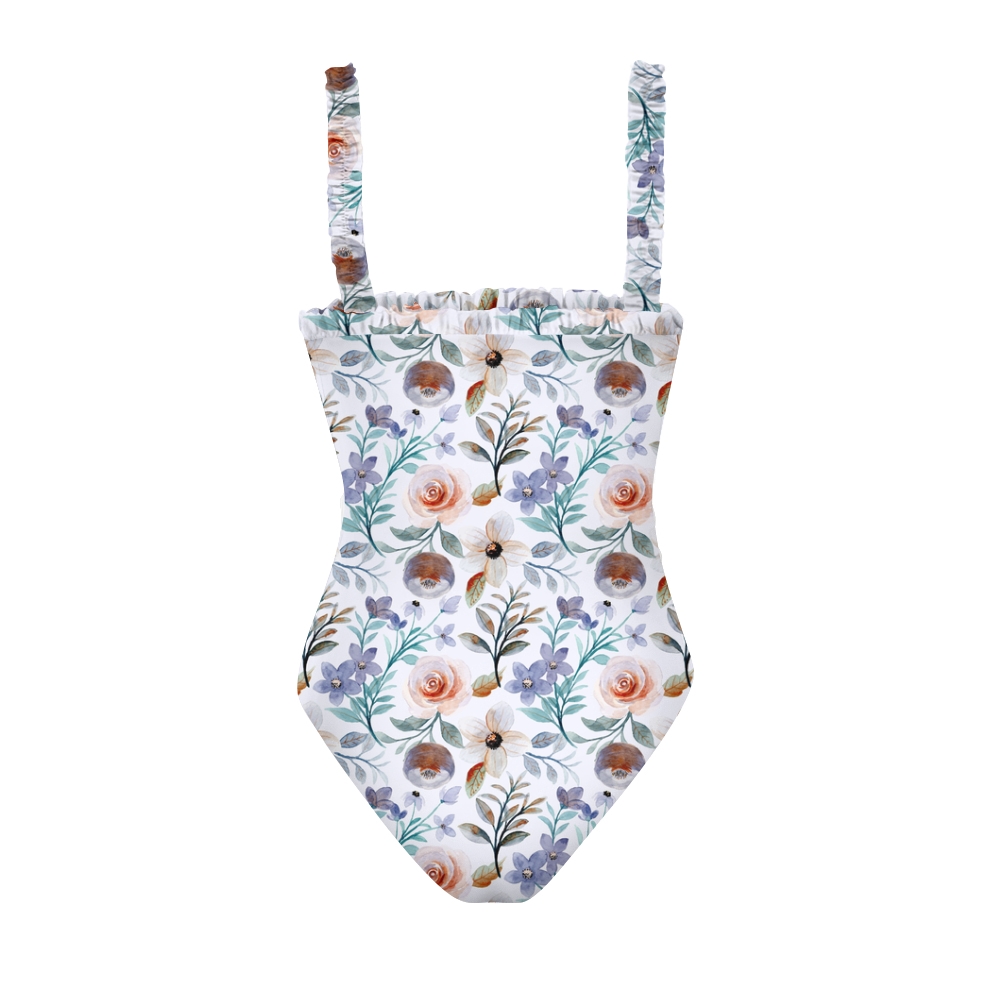 Women's Floral One Piece Swimsuit with Ruffle Shoulder Straps