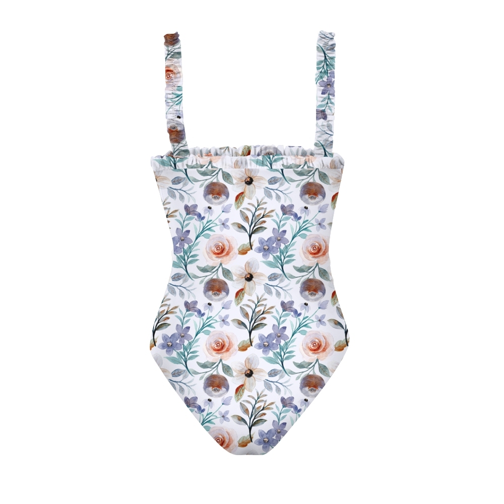 Women's Floral One Piece Swimsuit with Ruffle Shoulder Straps