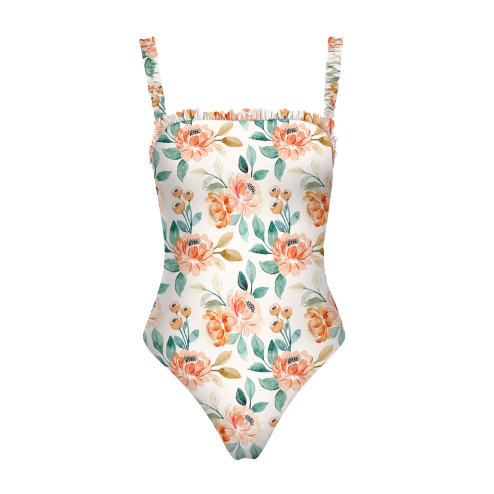 Women Sweet Summer One Piece Swimsuit with Colorful Floral Motifs