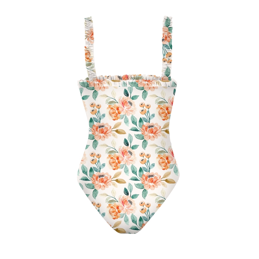 Women Sweet Summer One Piece Swimsuit with Colorful Floral Motifs