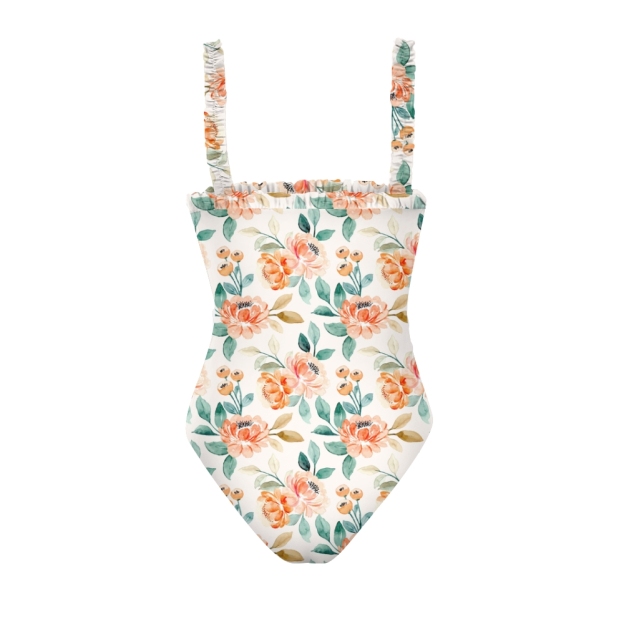 Women Sweet Summer One Piece Swimsuit with Colorful Floral Motifs