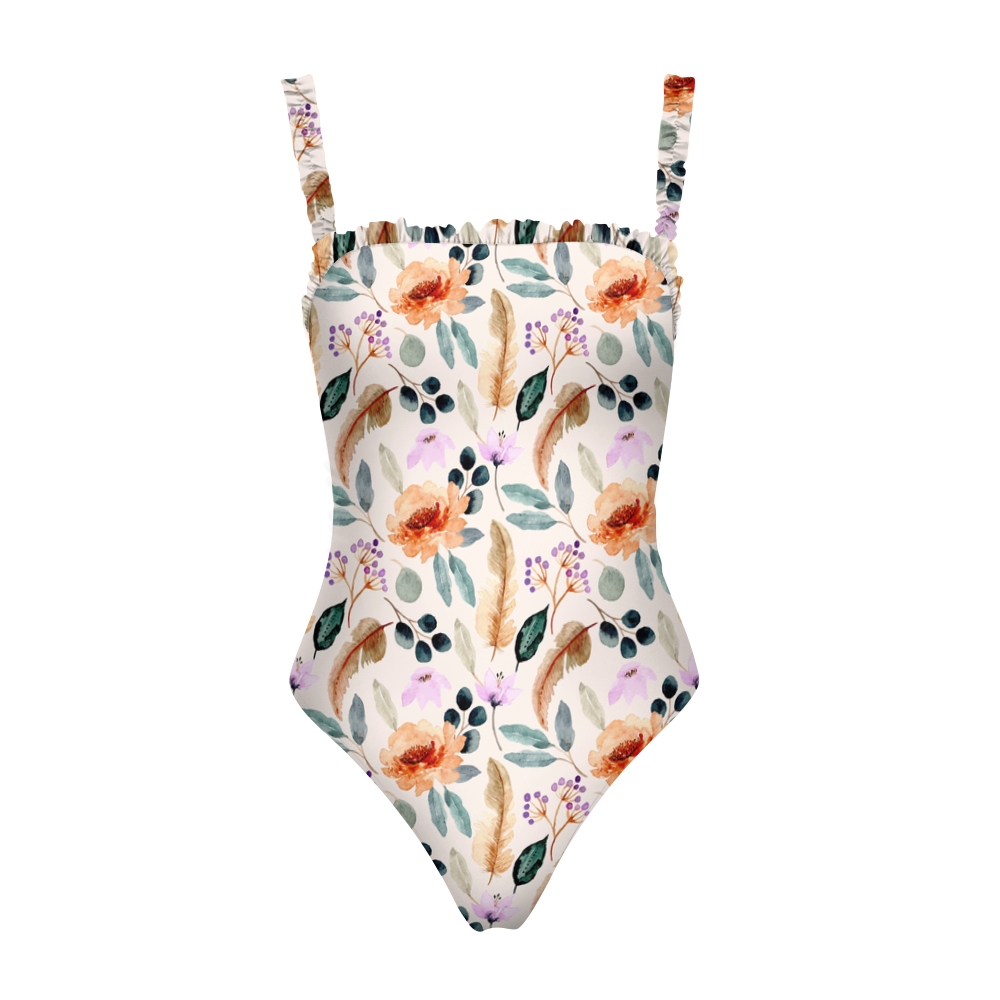 Women Boho Chic Floral Swimsuit with Ruffled Straps and Soft Pastel Tones