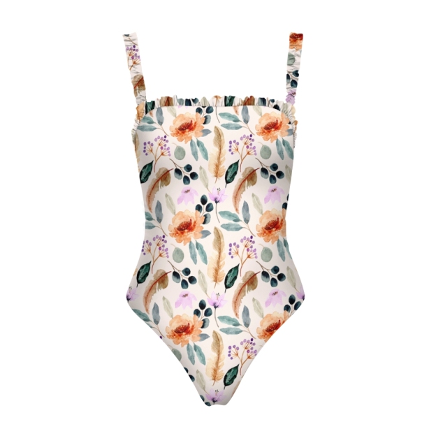 Women Boho Chic Floral Swimsuit with Ruffled Straps and Soft Pastel Tones