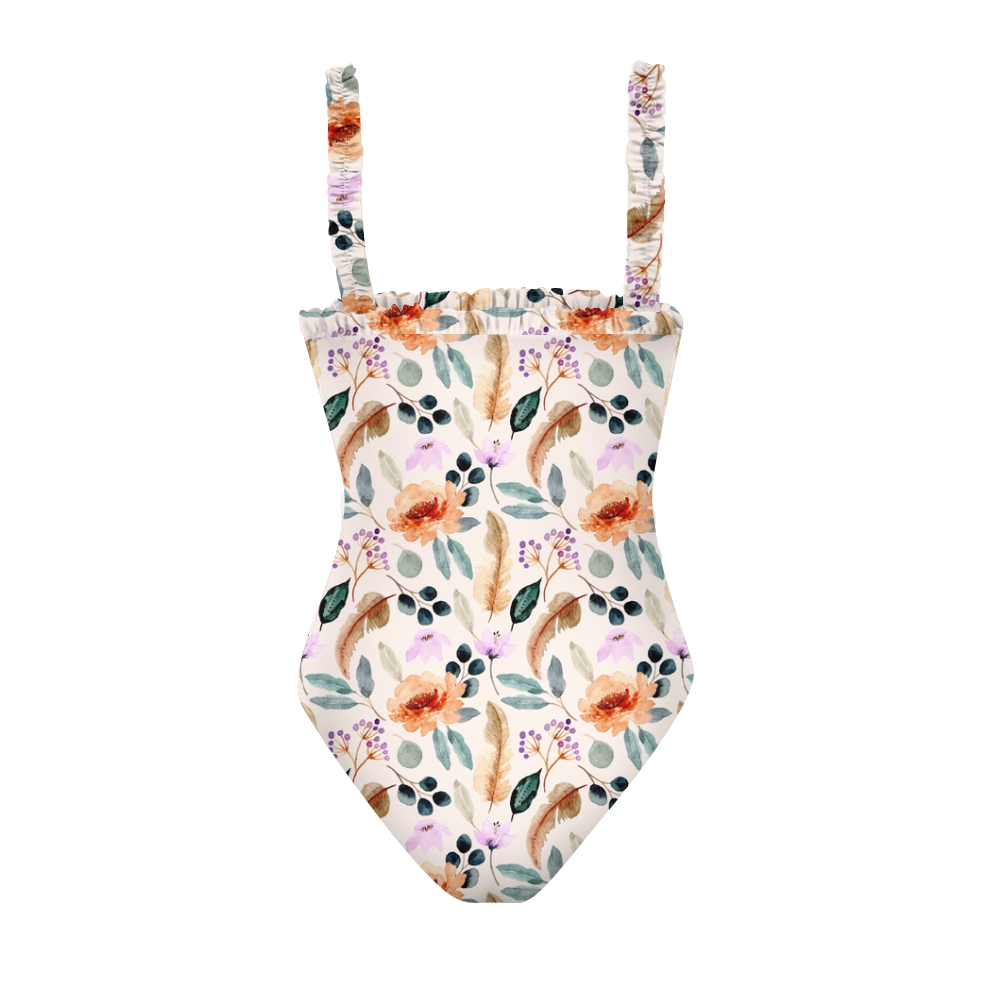 Women Boho Chic Floral Swimsuit with Ruffled Straps and Soft Pastel Tones