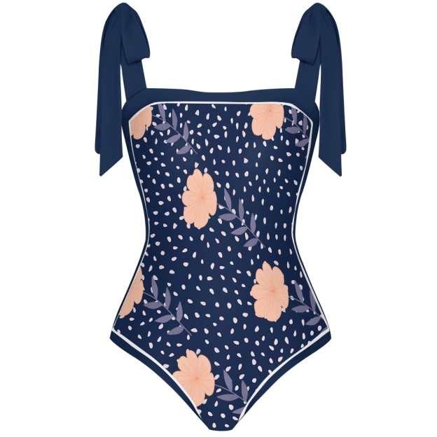 Elegant Navy Blue One Piece Swimsuit with Peach Blossom Print