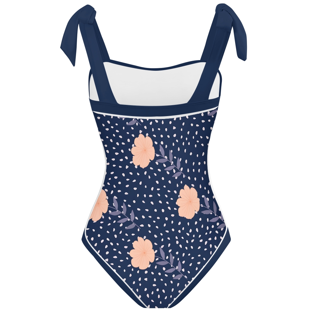 Elegant Navy Blue One Piece Swimsuit with Peach Blossom Print