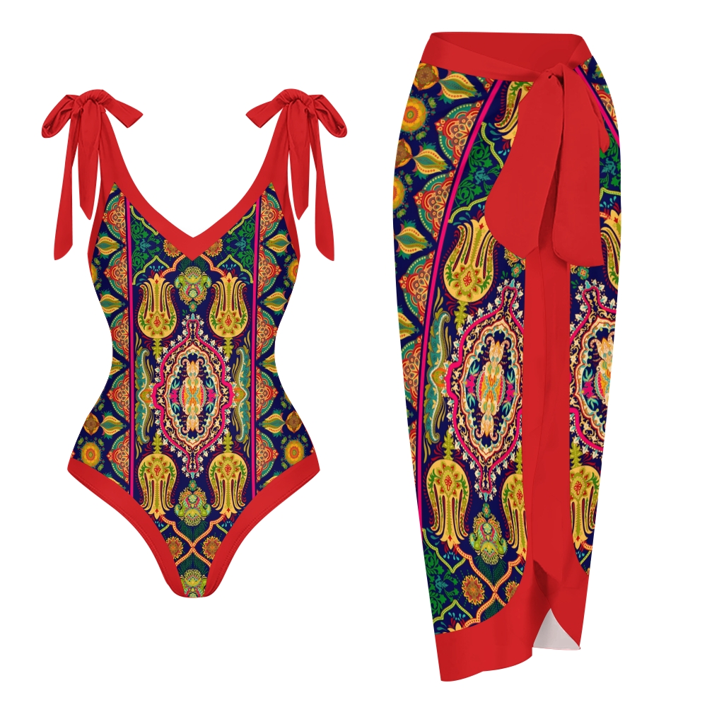 Women's Mandala Print One Piece Baroque Swimsuit with Matching Wrap Skirt Set