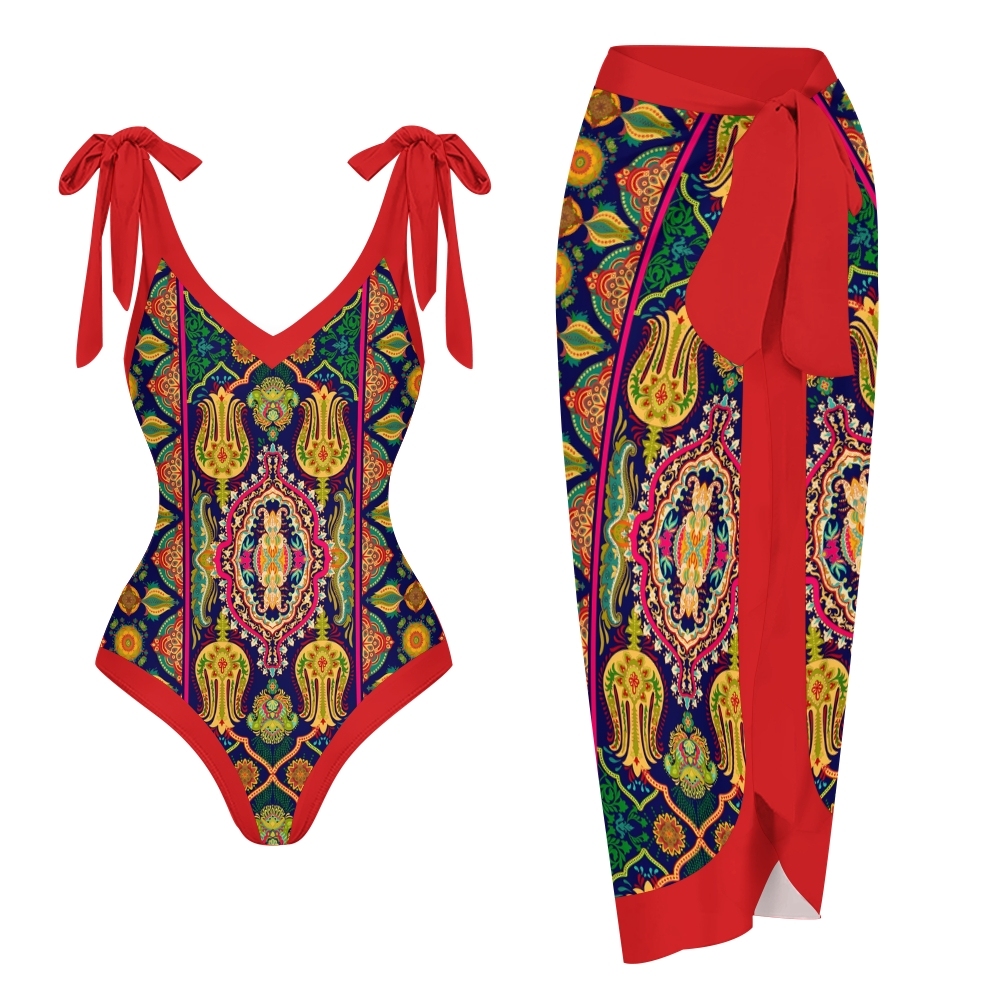 Women's Mandala Print One Piece Baroque Swimsuit with Matching Wrap Sk