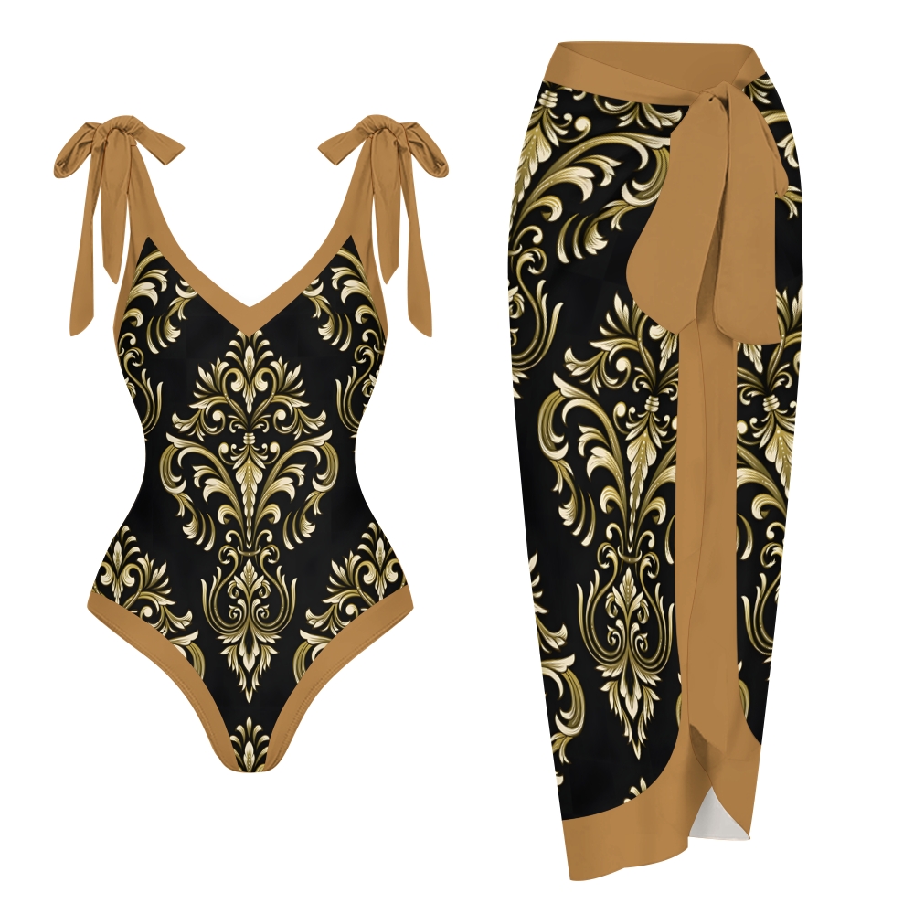 Women's Printed Ethnic Inspired Baroque Swimwear Set for Women Floral One Piece and Tie Waist Skirt