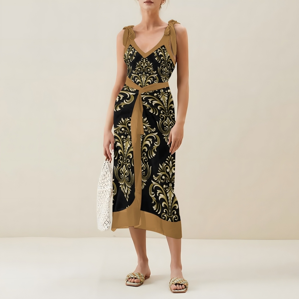 Women's Printed Ethnic Inspired Baroque Swimwear Set for Women Floral One Piece and Tie Waist Skirt