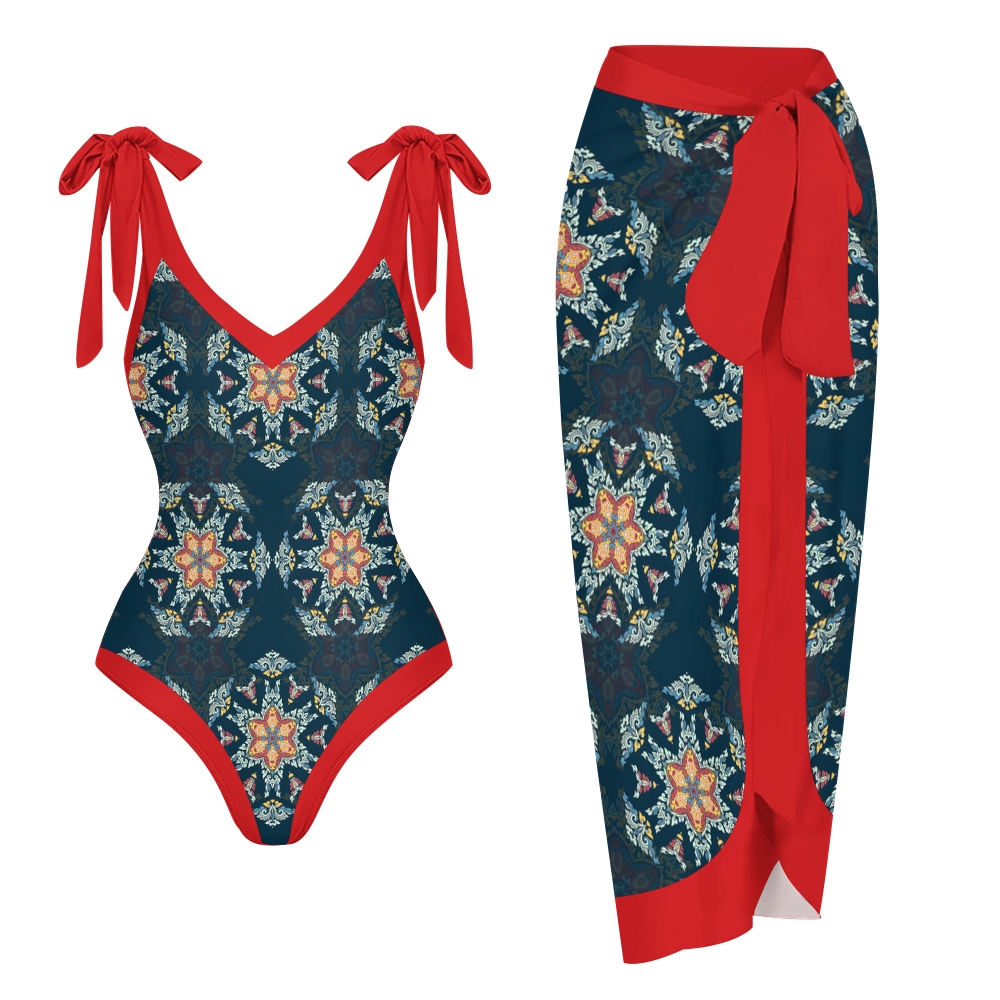 Women's Tribal Boho Floral One Piece Swimsuit with Matching Wrap Skirt Set