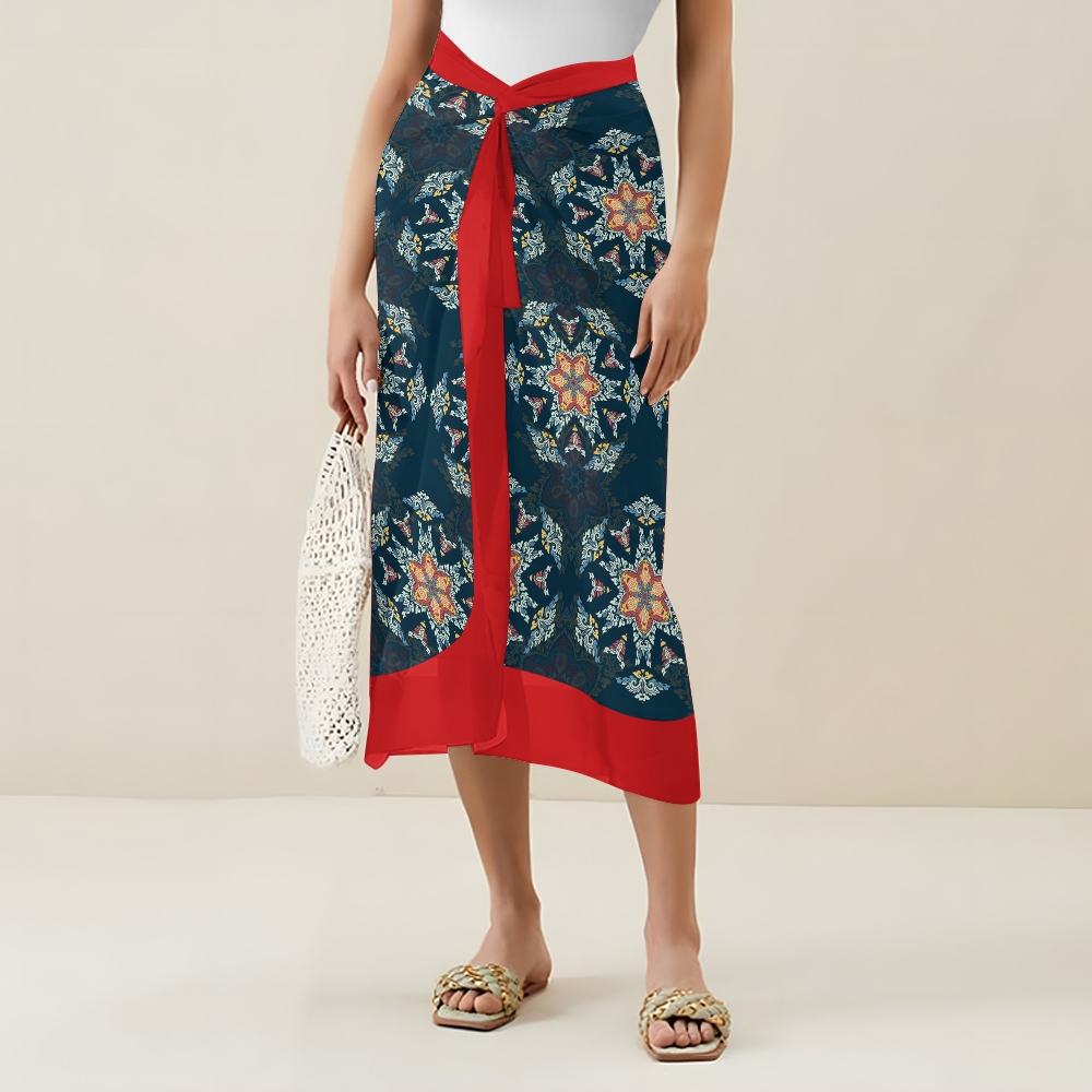 Women's Tribal Boho Floral One Piece Swimsuit with Matching Wrap Skirt Set