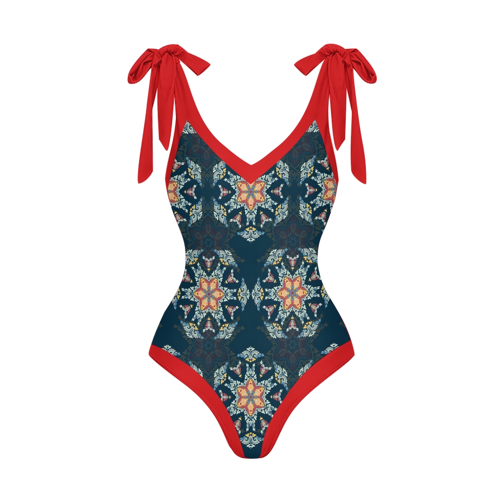 Women's Tribal Boho Floral One Piece Swimsuit with Matching Wrap Skirt Set