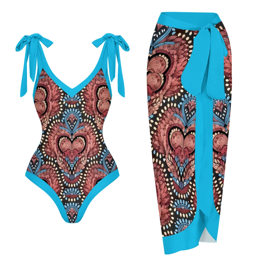 Women's Baroque Print One Piece Swimsuit  Set  with Matching Wrap Skirt 